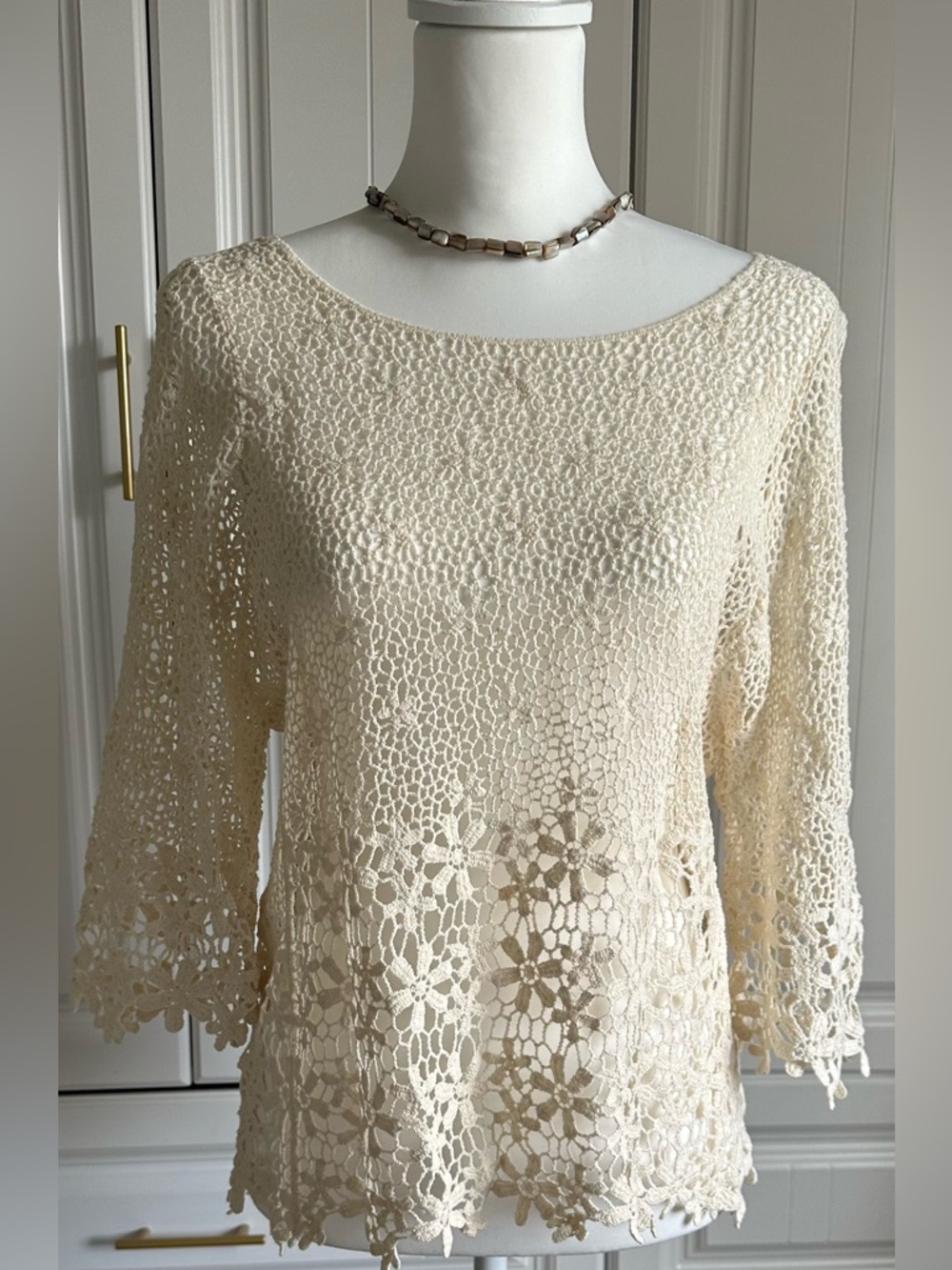 Elegant Ivory Crochet Style Lace Top | Boho Open Knit Top | Size M